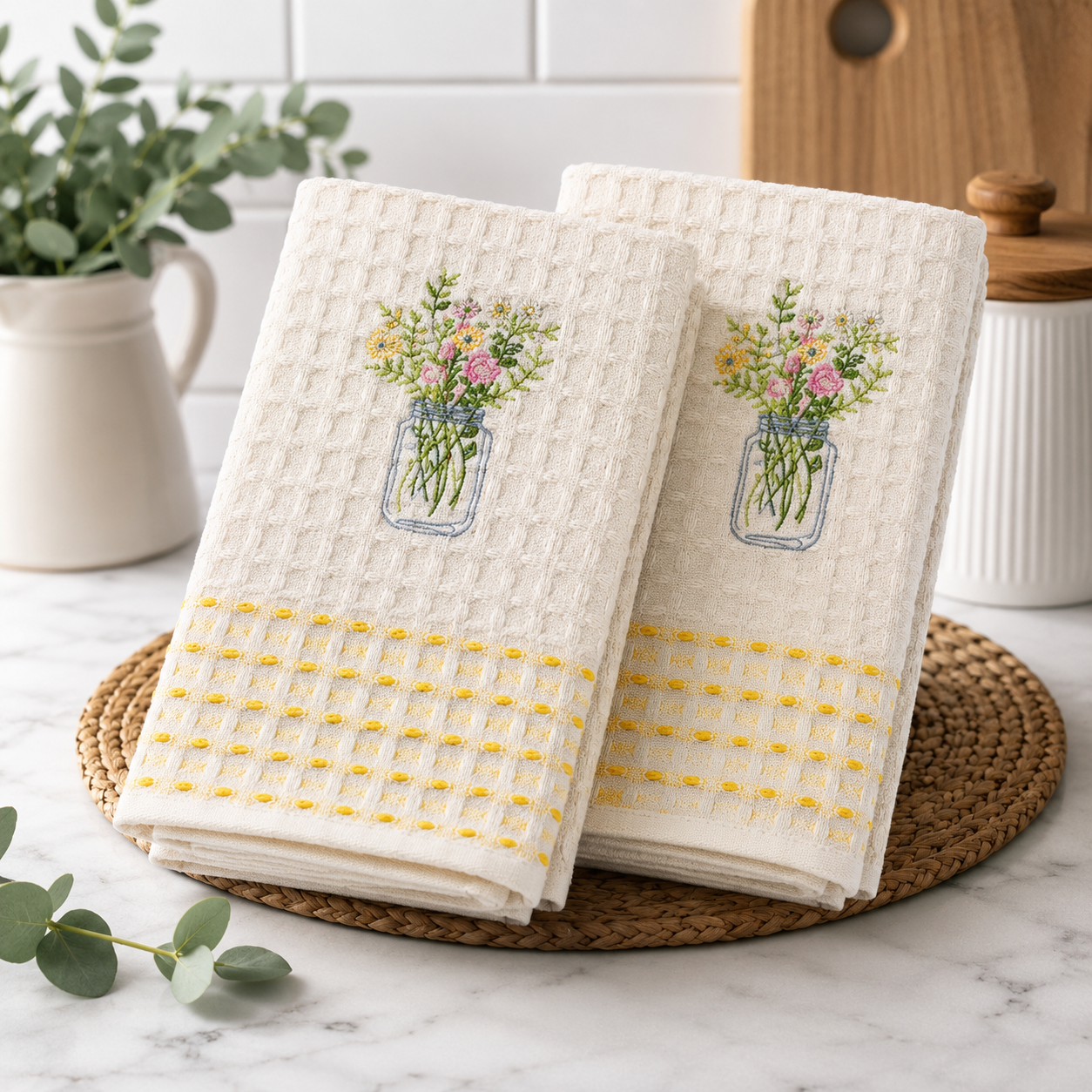 Kuhinjske krpe set 2 kom – Teglica sa cvećem, 100% pamuk, 50x70