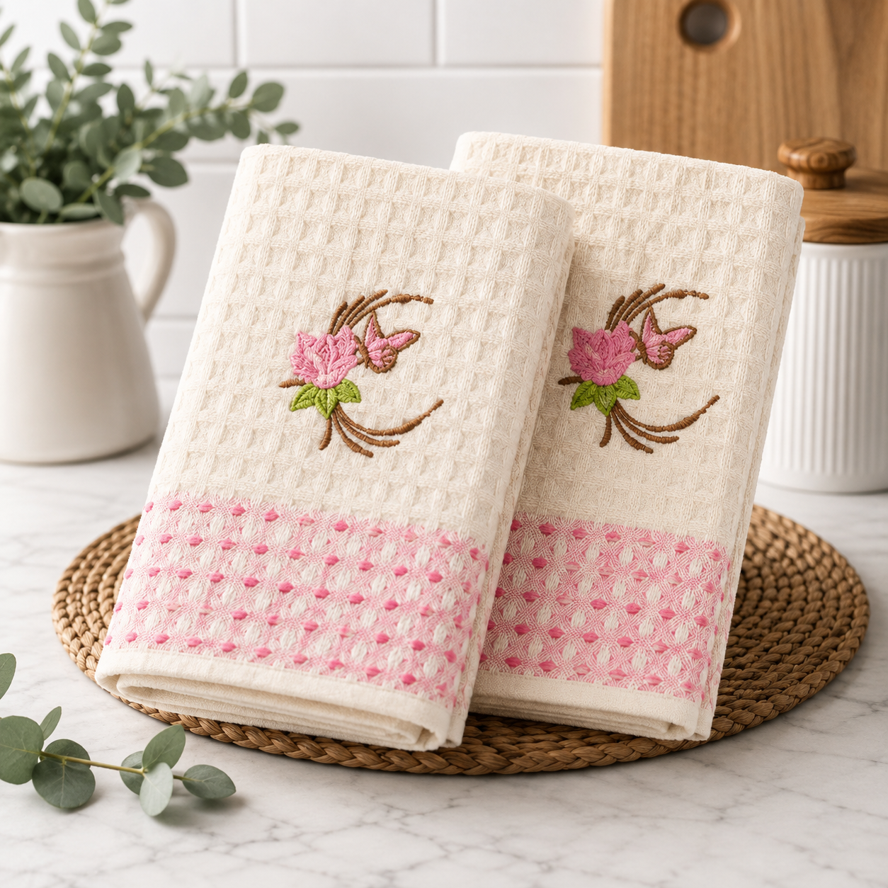 Kuhinjske krpe set 2 kom – Roze cvet, 100% pamuk, 50x70