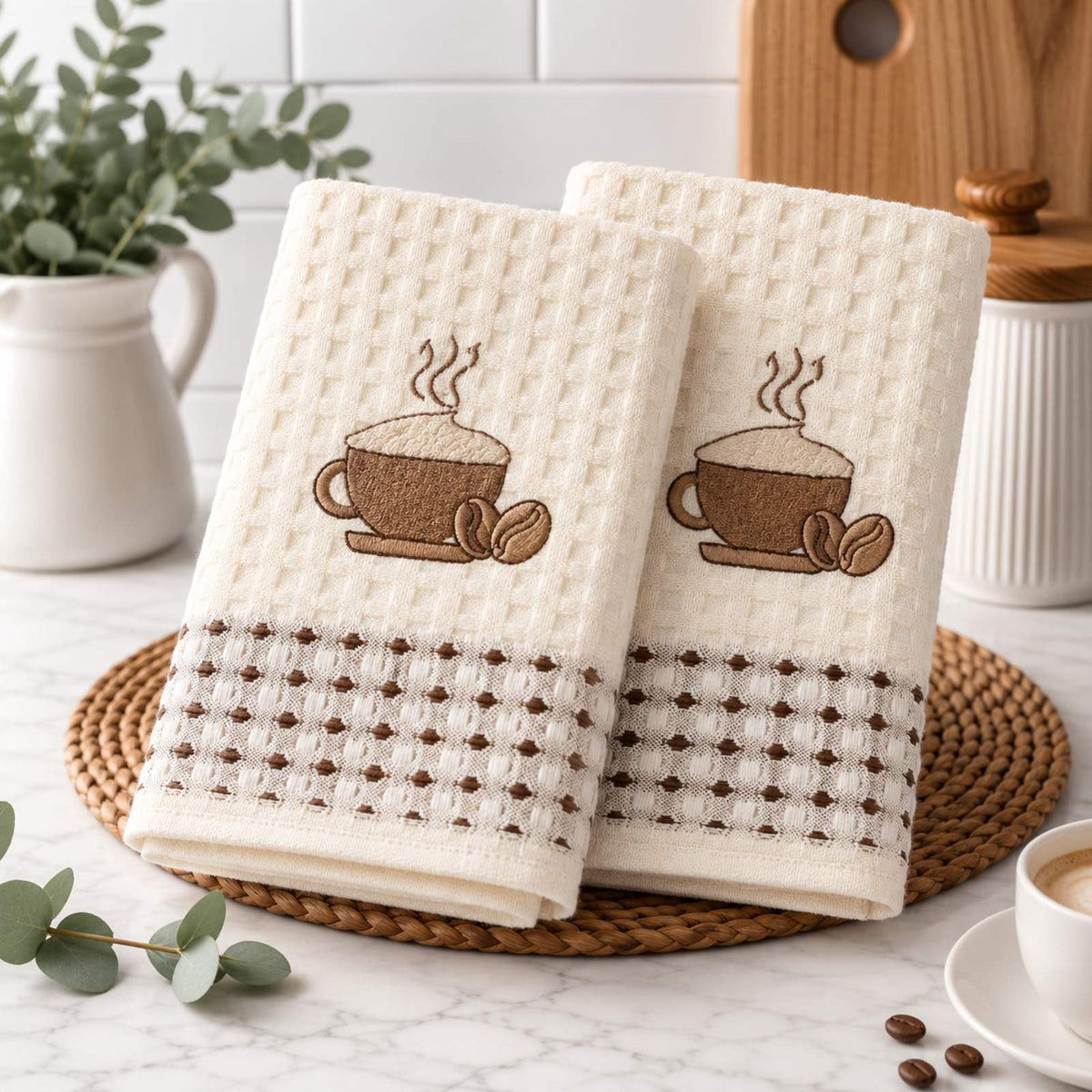 Kuhinjske krpe set 2 kom – Šolja kafe sa zrnima, 100% pamuk, 50x70